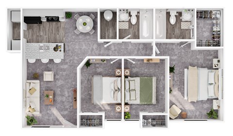 Floor plan for 3 beds, 2 baths, 1068 sqft